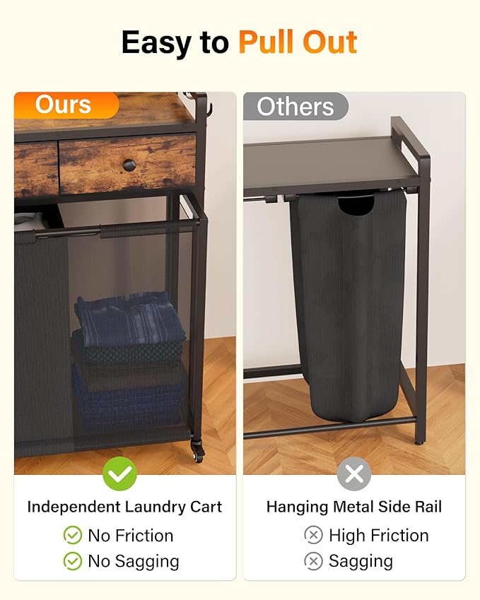 Laundry Sorter 3 Section: Laundry Hamper Basket with Shelf and Wheels - Rolling Laundry Basket Organizer with Drawers and Pull-Out Cart - Clothes Hamper for Living Room Bathroom Bedroom