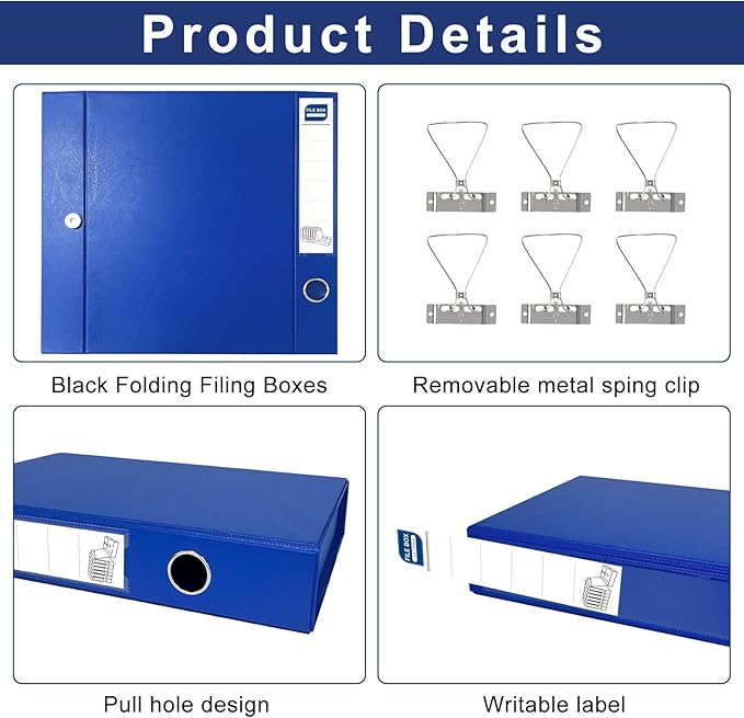 Storage File Boxes A4, 6 Pack Foldable File Box with Clip, 50mm Spine, Plastic Archives Cases with Magnetic Closure, Document File Folder Organizer Storage Filing Box for Office School, Blue