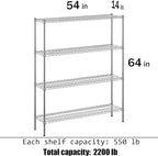 14" Deep x 54" Wide x 64" Height Wire Shelving Kit | 4-Tier | NSF Commercial Storage Rack Unit
