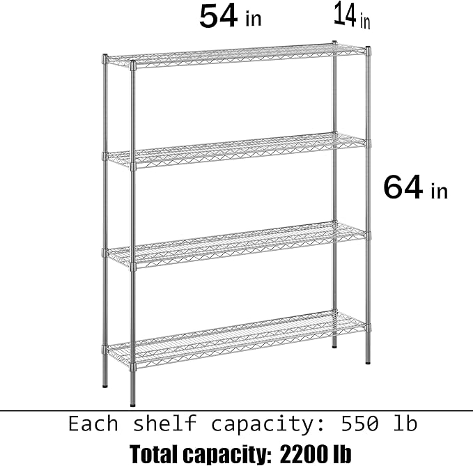 14" Deep x 54" Wide x 64" Height Wire Shelving Kit | 4-Tier | NSF Commercial Storage Rack Unit