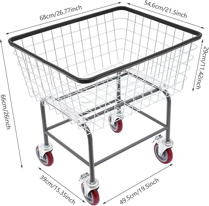 Steel Wire Laundry Cart, 20 X 15.7 X 26In Laundry Basket Sorters with 4 Universal Wheels and Detachable Basket, Commercial Free Standing Heavy Duty Rolling Basket Cart for Bathroom Hotel