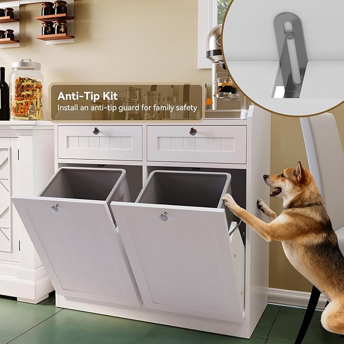 Double Tilt Out Trash Can Cabinet, Dog-Resistant, Fits 13.8"H Bins (Max 11.8"x11.8" Base), Includes Removable Fabric Hamper, Easy Assembly, White for Kitchen & Laundry