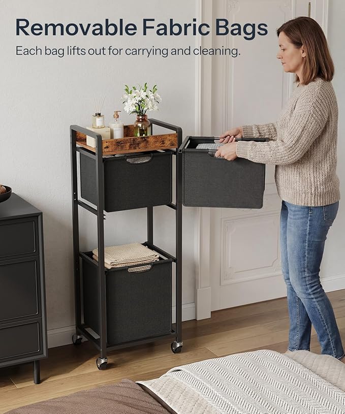 HOOBRO Vertical Laundry Hamper with Wheels, Slim 3 Section Laundry Sorter, Space Saving Rolling Laundry Cart with Removable Bags & Shelf, Laundry Basket for Bathroom, Bedroom, Rustic Brown