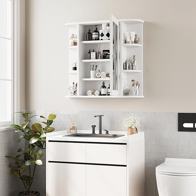 Shintenchi Bathroom Wall Cabinet with Mirror, Mounted Medicine Cabinets with 4 Internal and 6 Open Shelves, Mirrored Door Over The Toilet Storage, Solid White