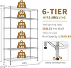 6-Tier Storage Shelves 45" x 18" x 82" Heavy Duty Metal Shelving Unit 2100Lb Capacity Adjustable Storage Racks with Wheels NSF Garage Wire Shelf for Basement Commercial, Chrome