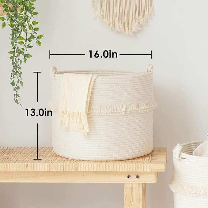 CherryNow Large Woven Storage Baskets – 16'' x 13'' Cotton Rope Decorative Hamper for Nursery, Toys, Blankets, and Laundry, Cute Tassel Nursery Decor - Home Storage Container Off-white
