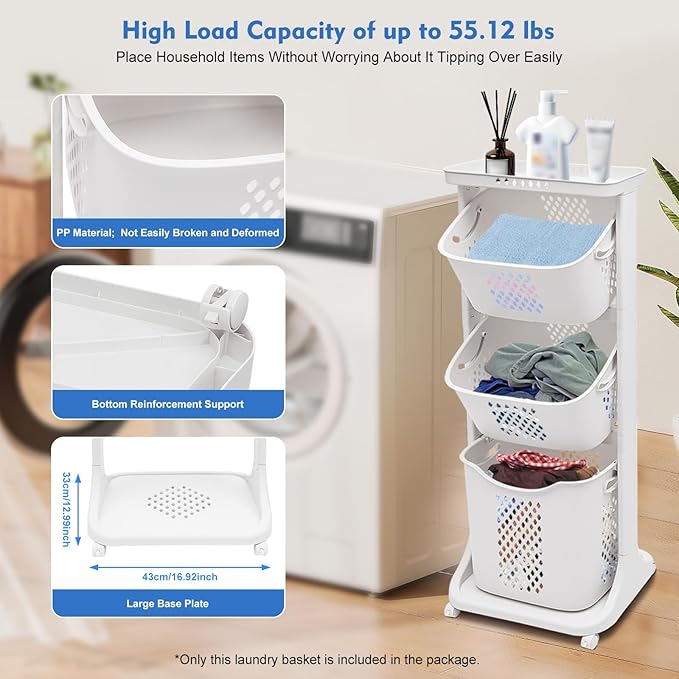 Laundry Sorter Cart, 3 Tier Laundry Hamper for Wash Clothes Storage Basket Organizer Shelf, Bathroom Rolling Cart Utility Storage Organizer Shelf for Kitchen Living Room Bathroom Laundry Room