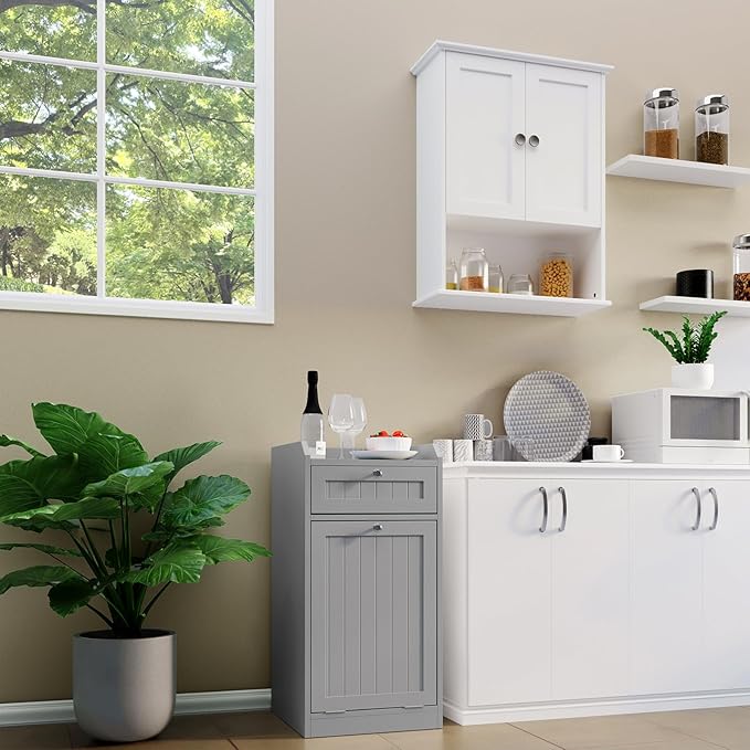 Single Tilt Out Trash Can Cabinet, Dog-Resistant, Fits 13.8"H Bins (Max 11.8"x11.8" Base), Easy Assembly, Grey for Kitchen & Laundry