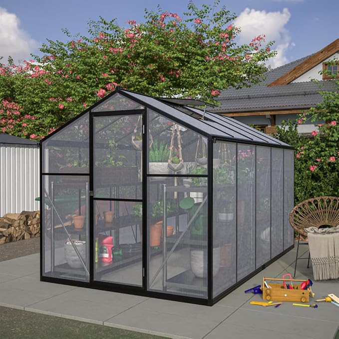 Outdoor Polycarbonate Greenhouse with Aluminum Frame, Walk-in Garden Green House Featuring Lockable Door, Adjustable Roof Vent, and UV-Protected Panels for Backyard or Patio Use (6x10 FT)