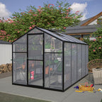 Outdoor Polycarbonate Greenhouse with Aluminum Frame, Walk-in Garden Green House Featuring Lockable Door, Adjustable Roof Vent, and UV-Protected Panels for Backyard or Patio Use (6x10 FT)