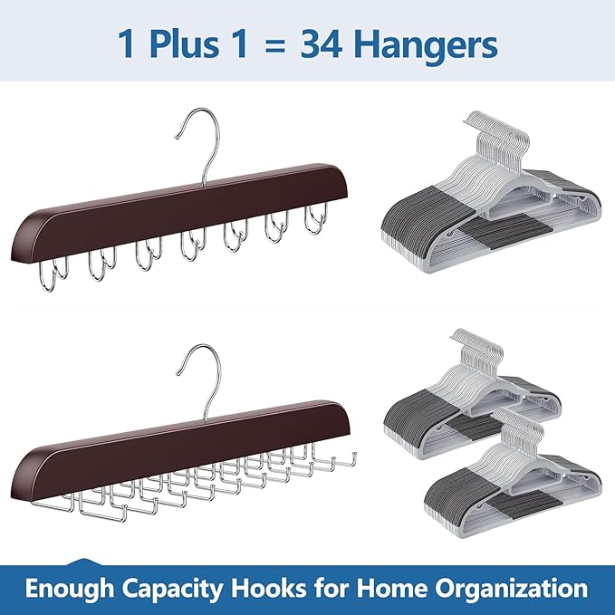 2 Pack Tie Rack & Belt Hanger 2 in 1 Tie Hanger Space Saving Max 42 Belts& 60 Ties Capacity for Closet Organizers and Storage, Sturdy Wood Belt & Tie Collection Organizer