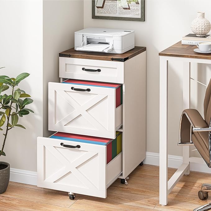 3 Drawer Small File Cabinet with Wheels, Farmhouse Vertical Filing Cabinet Fits Letter/A4 Size, Rolling File Cabinets Wooden Printer Stand for Home Office, Rustic White