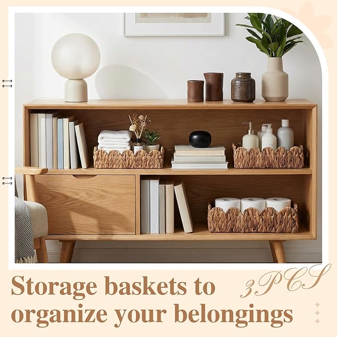 3Pack Toilet Paper Basket for Organizing Scalloped Edge Wicker Basket with Handles Toilet Tank Paper Holder Storage for Bathroom Bedroom Countertop Shelf Decor(Brown,Water Hyacinth)