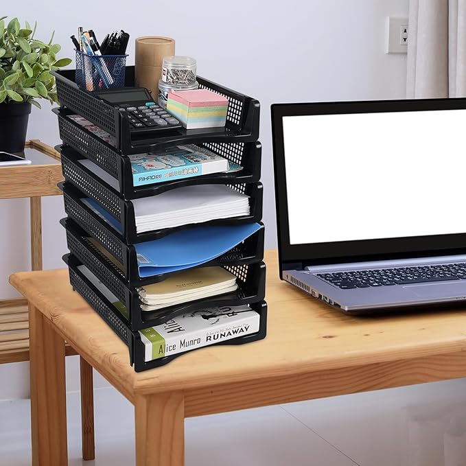 6 Pack Stackable Letter Trays, Plastic File Organizer Tray, Desktop Document File Paper Organizer, Black