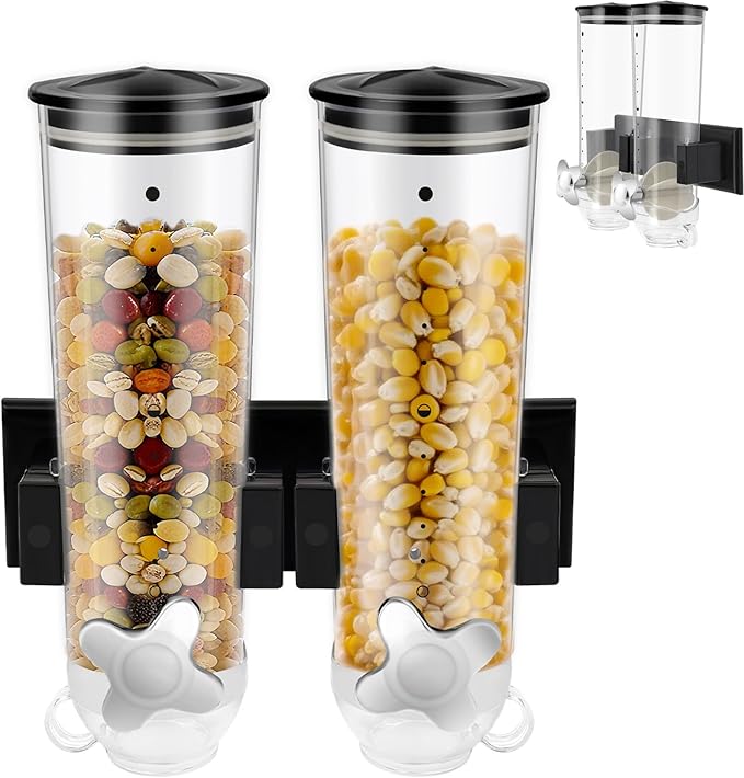 Wall-mounted Food Dispenser, 3L 2 Buckets Coffee Bean Candy Rice Dispenser, Dry Food Dispenser Cereal Dispenser Grain Storage Dispenser for Home, Kitchen, Countertop, Cutlery Rack (Black)