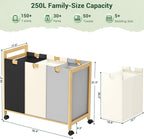 Homykic 250L Laundry Sorter Cart with Wheels, 3-Section Rolling Laundry Basket with Removable Bags, 66 Gal Large Laundry Hamper Organizer, Heavy Duty Bamboo Frame, Water-Resistant, Multicolor