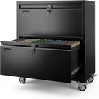 Aobabo 2 Drawer Lateral File Cabinet with 4 Detachable Wheels,Steel Filing Storage with Independent Locks and Index Card Holders for Home Office, 15.87" D x 28.94" W x 34" H, Black,Required Assembly
