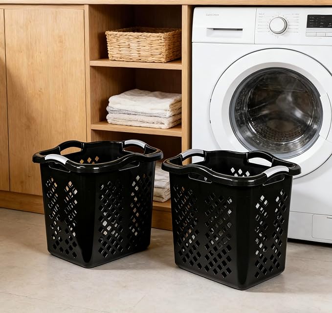 2 bushel laundry baskets with silver handles, black, 2-pack