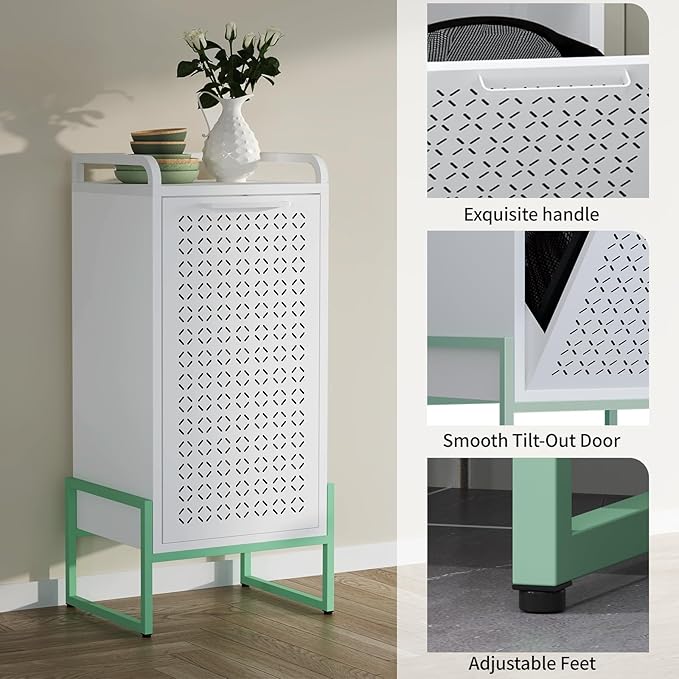 Stylish Trendy 16-Gallon Tilt-Out Laundry Hamper with Removable Basket & Hidden Trash Cabinet, Sturdy Water-Resistant Steel Space-Saving Storage 13.77"D x 16.53"W x 36.51"H for Small Bathroom Green