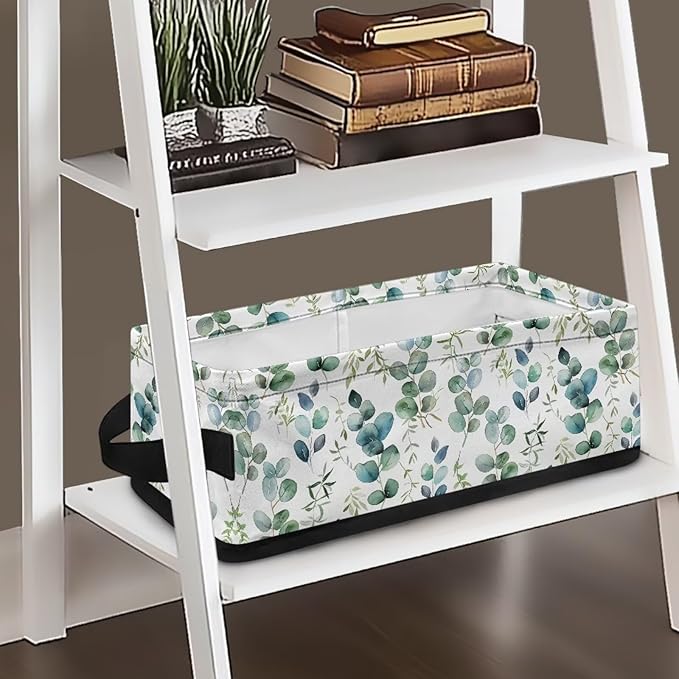 Multi-purpose Storage Basket Small Storage Bins Collapsible Rectangular Toilet Paper Basket Organizer for Bathroom Bedroom Kitchen Office Organization, Eucalyptus Leaf