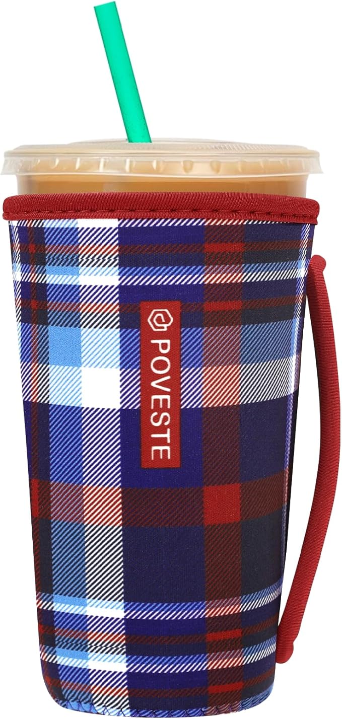 Reusable Neoprene Insulator Sleeve for Iced Coffee & Cold Soda, Coffee Sleeves for Iced & Hot Drinks, Cold Beverage Cooler Compatible with Starbucks, Dunkin (Scottish Plaid, Large: 32oz)