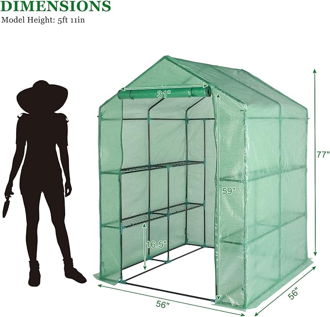 Walk-in Greenhouse with Iron Pipe Steeple, 77H x 56W x 56D inches, Greenhouse for Outdoors with Screen Windows, Green PE Cover, Roll-up Zipper Door, Portable Green House with Shelf Clips