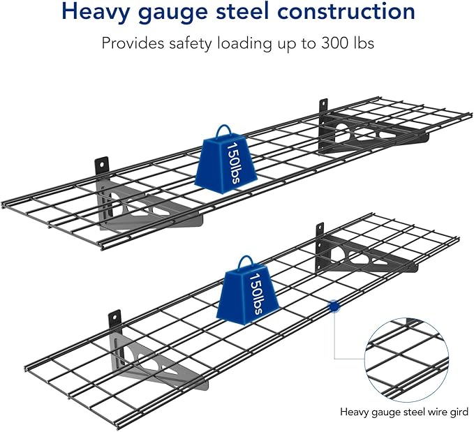 FLEXIMOUNTS 3x6 Overhead Garage Storage Adjustable Ceiling Storage Rack with 2-Pack 1x4ft 12-inch-by-48-inch Wall Shelf, 450lbs+300lbs Capacity, Black