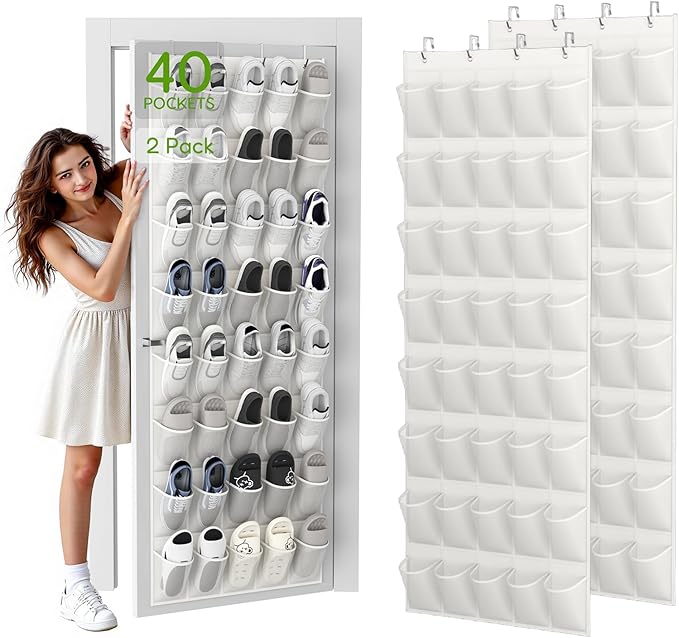 Unjumbly Over the Door Shoe Organizer with 40 Large Breathable Mesh Pockets, Space Saving Shoe Holder, Hanging Shoe Rack for Entryway Bedroom Closet Storage (White, 80 Pockets)