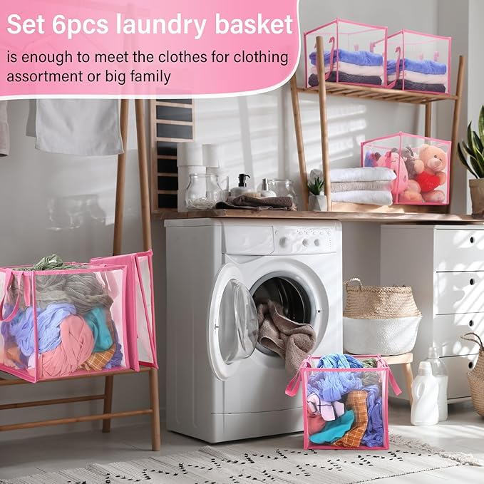 Zopeal 6 Pack Popup Laundry Hamper 13 Inch Collapsible Laundry Baskets with Handles Mesh Clothes Baskets Portable Single Layer Foldable Clothes Hamper Square Bin for Washing (Pink,Single-layer)