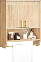 HOOBRO Fluted Medicine Cabinet, Farmhouse Bathroom Wall Cabinet with Towel Rack and Adjustable Shelf, Fluted Wall-Mounted Storage Organizer, for Bathroom, Kitchen, Natural