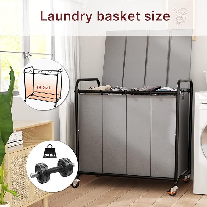 4-Compartment Laundry Cart with Lockable Wheels & Lid 180L Large Wheeled Laundry Basket Heavy-Duty Sorting Organizer for Laundry Room (Grey)