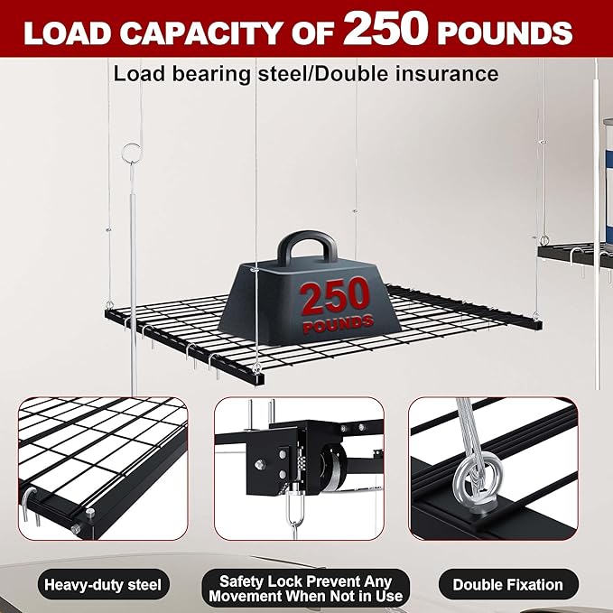 4x4 Garage Ceiling Storage Racks With Crank Lift, Garage Overhead Storage Racks For High Ceilings 10–12 Ft, 250 Lbs Load Capacity, All-Steel Frame, Garage Organization System (4 x 4)