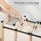STO STO 3-Section Laundry Sorter with Bamboo Frame, Rolling Laundry Hamper Basket with Removable Bags and Lockable Wheels, Laundry Cart for Clothes Storage in Bedroom & Laundry Room, Beige