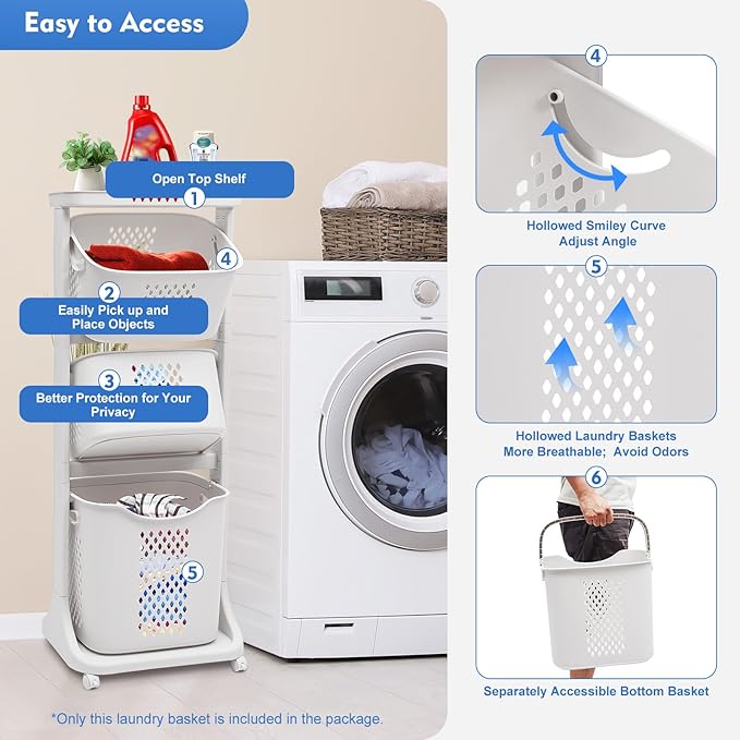 Laundry Hamper Basket Sorter, 3 Tier Laundry Sorter Cart with Heavy Duty Lockable Rolling Wheels, Wash Clothes Storage Basket Organizer Shelf Space Saving, for Bathrooms Bedrooms White