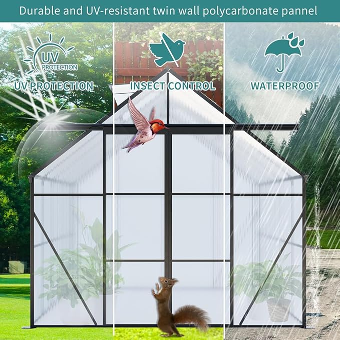 Double Sliding Door Polycarbonate Greenhouse with Rain Gutter and Roof Vent, Raised Base and Anchor Aluminum Heavy Duty Walk-in Green House, Outdoor Patio Sunroom (Black, 97.75*94.5*89.5in)