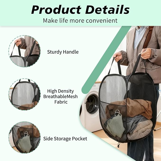 Pop Up Laundry Hamper Mesh Laundry Basket Collapsible Laundry Basket with Wide Opening Durable Hamper Bag for Clothes Storage (Black,2-PACK)