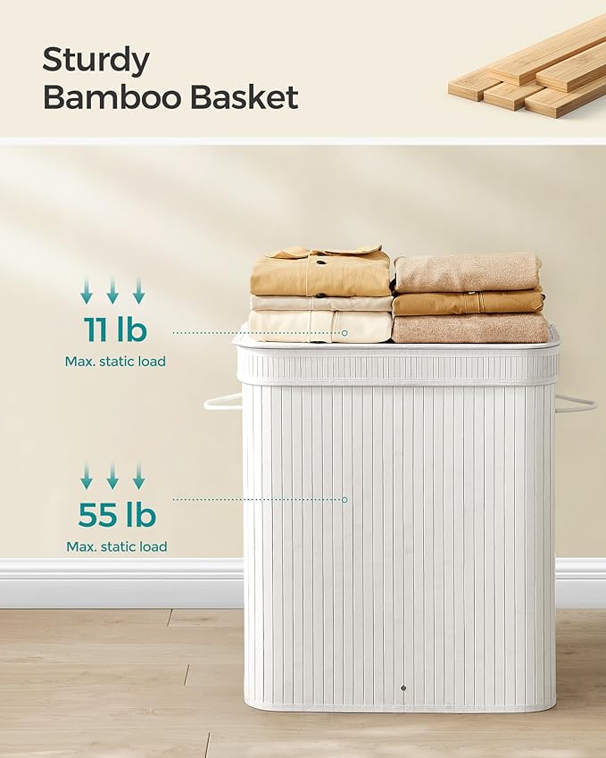 SONGMICS Laundry Hamper with Lid, Bamboo Laundry Basket, Removable Machine Washable Laundry Basket, with Handles, 26.4-Gallons, for Laundry Room, Bedroom, Bathroom, Cloud White ULCB063W01