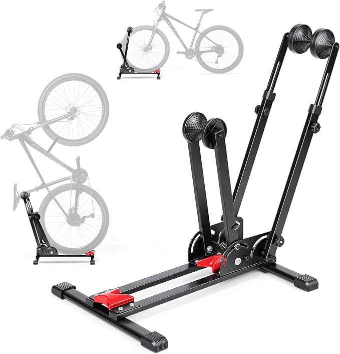WSDCAM Bike Stand, 2-in-1 Vertical & Horizontal Storage Rack Adjustable, Foldable Bicycle Floor Stand for Garage Indoor Outdoor Small Spaces, Bike Rack Fits 16-29" Road/Mountain Bikes, Repair Stand