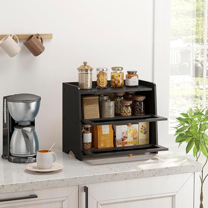 Double Layer Bread Box for Kitchen Countertop, Large Breadbox Bread Container Storage with Acrylic Door, Wooden Farmhouse Bread Holder (Black, Medim-15.7" L x 9.5" W x 13" H)