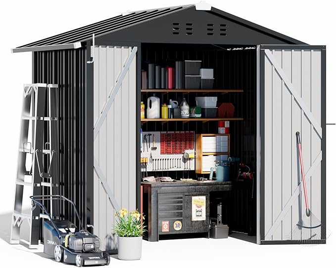 COMHOMA Shed Outdoor Storage Shed Metal,Lockable Doors Tool Sheds with Sloping Roof,Steel Garden Shed with Air Vent for Backyard,Patio,Lawn,Poolside(Grey,6'x4')