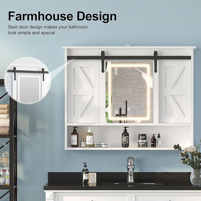 Farmhouse Lighted Medicine Cabinet with Mirror,Sliding Barn Door Mirrored Medicine Cabinet for Bathroom,3-Color Memory LED Medicine Cabinets Mirror Wall Mounted for Kitchen/Laundry,28x35