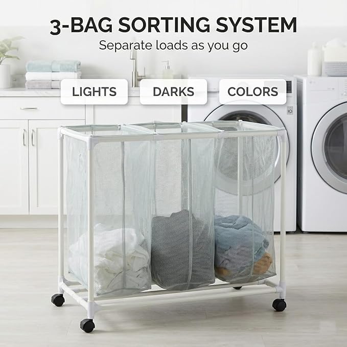 3-Bag Mesh Rolling Laundry Sorter Cart, Soft Silver, Removable Washable Bags, Easy-Roll Casters, Rust-Resistant PVC Tubing Frame w/ABS Corners, 29.5 x 19 x 30.5 in, for Dorm & Laundry Room