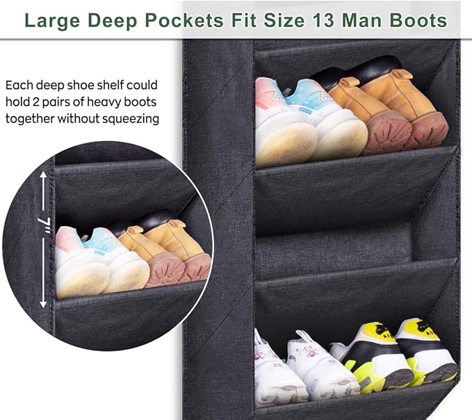 SLEEPING LAMB Over the Door Shoe Rack for Closet, Short Hanging Shoe Organizer with Large Deep Pockets, Narrow Door Sneaker Storage for Boots in RV, Dorm, Black