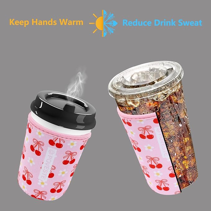 Reusable Neoprene Insulator Sleeve for Iced Coffee & Cold Soda, Coffee Sleeves for Iced & Hot Drinks, Cold Beverage Cooler Compatible with Starbucks, Dunkin (Cherry Bomb, Large: 32oz)