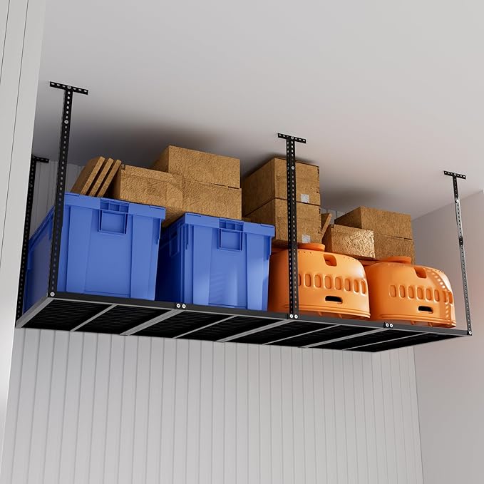 Garage Ceiling Storage Racks 3x8 Ft Heavy Duty Overhead Storage Rack 750 LBS Capacity Adjustable Ceiling Mounted Storage System for Garage Basement Workshop Black