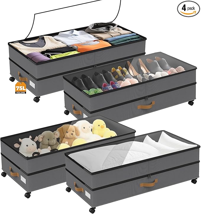 Under Bed Storage with Wheels 4-Pack, 75L XXL Under the Bed Storage Containers Large, 12" Tall Adjustable Storage for Underbed with Lids, Rolling for Shoes, Clothes, Blankets (4PCS-Grey)