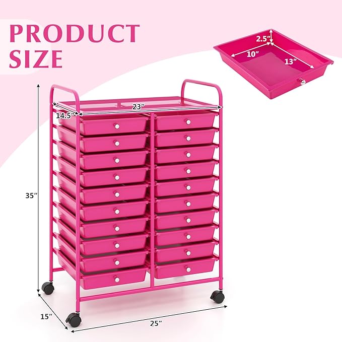 GOFLAME 20-Drawer Rolling Storage Cart, Multifunctional Art Craft Organizer Cart, Mobile Utility Storage Cart with Removable Drawers & Lockable Wheels, Craft Cart for Home Office, Hot Pink
