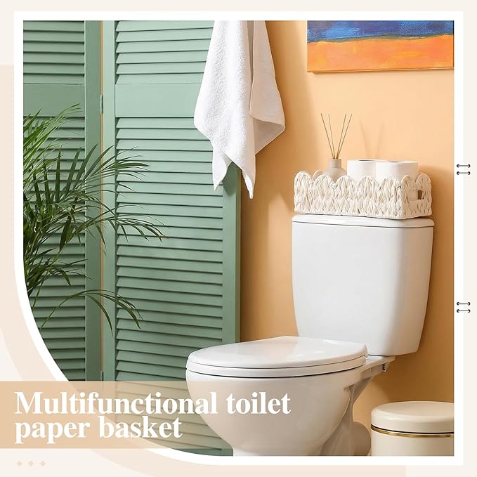 3Pack Toilet Paper Basket for Organizing Scalloped Edge Wicker Basket with Handles Toilet Tank Paper Holder Storage for Bathroom Bedroom Countertop Shelf Decor (Beige,Plastic)