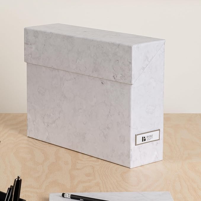 Bigso Lovisa Fiberboard Label Frame 12 File Storage Box - Paperwork Storage Box with Metal Label Holder - Durable Document Organizer with Flip Top Lid - 3.7in x 13in x 9.4 in - Marble