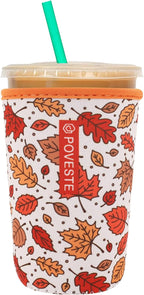 Reusable Neoprene Insulator Sleeve for Iced Coffee & Cold Soda, Coffee Sleeves for Iced & Hot Drinks, Cold Beverage Cooler Compatible with Starbucks, Dunkin (Fall Leave, Medium: 22-24oz)